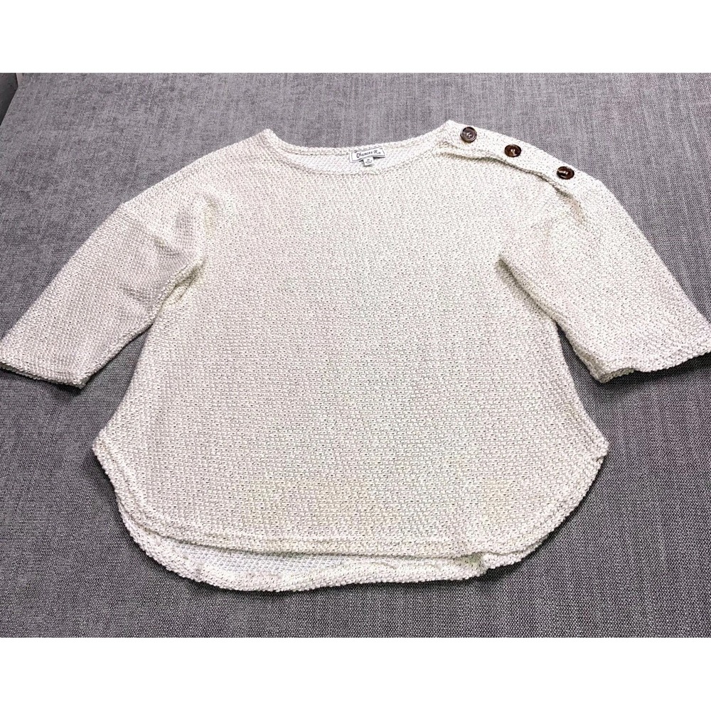 Chances R Sweater Womens Medium Off White Open Knit Shoulder Button 3/4 Sleeve